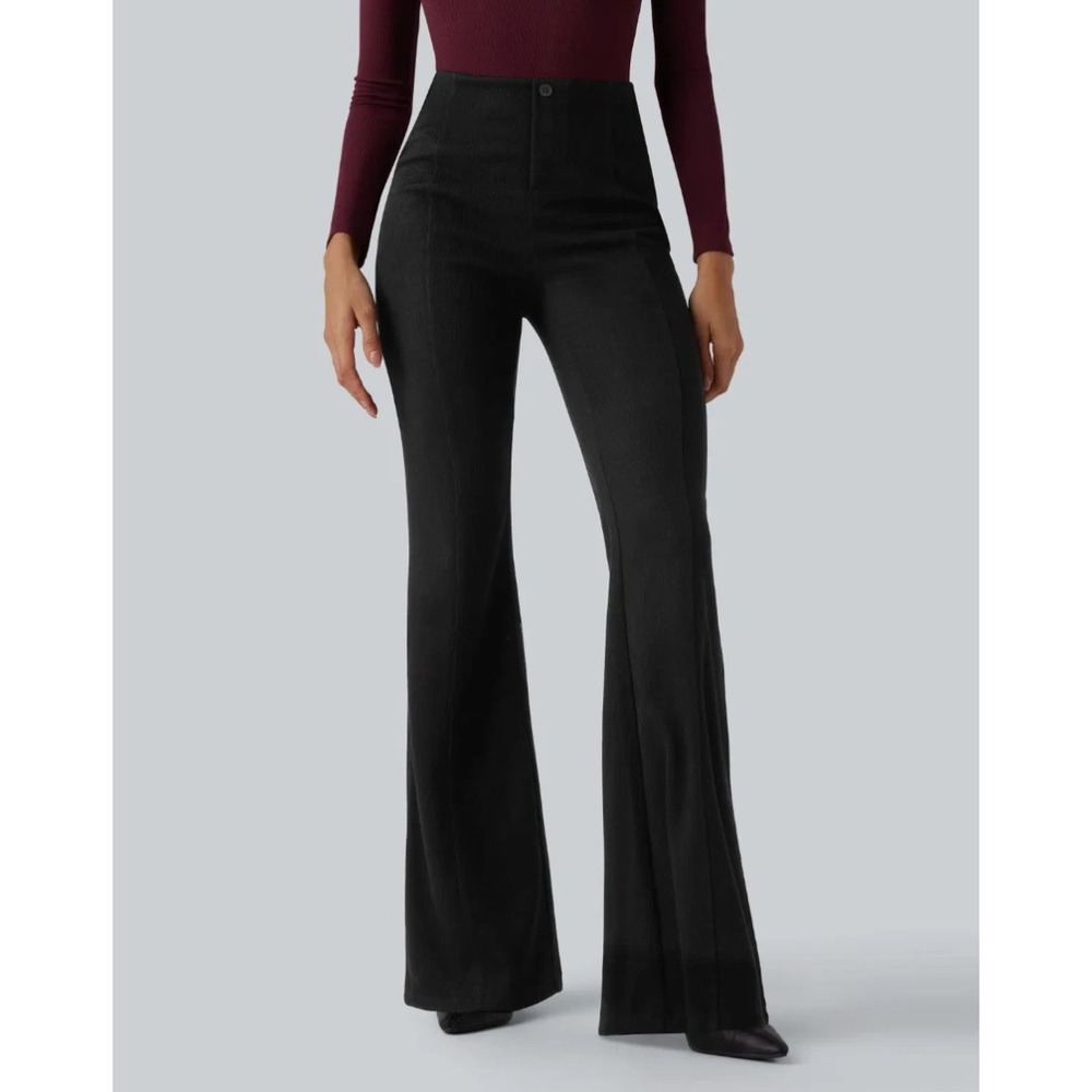 Halara Black Ribbed High Waisted Flare Pants Tummy Control Womens Medium NEW